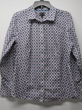 Talbots Non Iron White Purple Blue Deco Print Blouse Shirt Top Women's sz 14